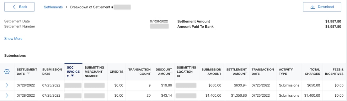 Screenshot of the breakdown of a settlement